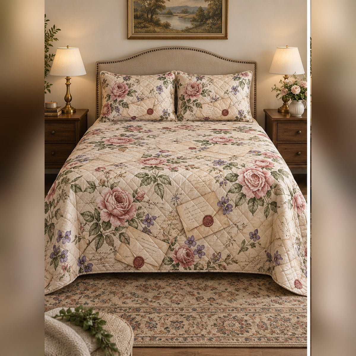 Vintage Love Letter Garden Quilt Set, front romance reading bedroom view