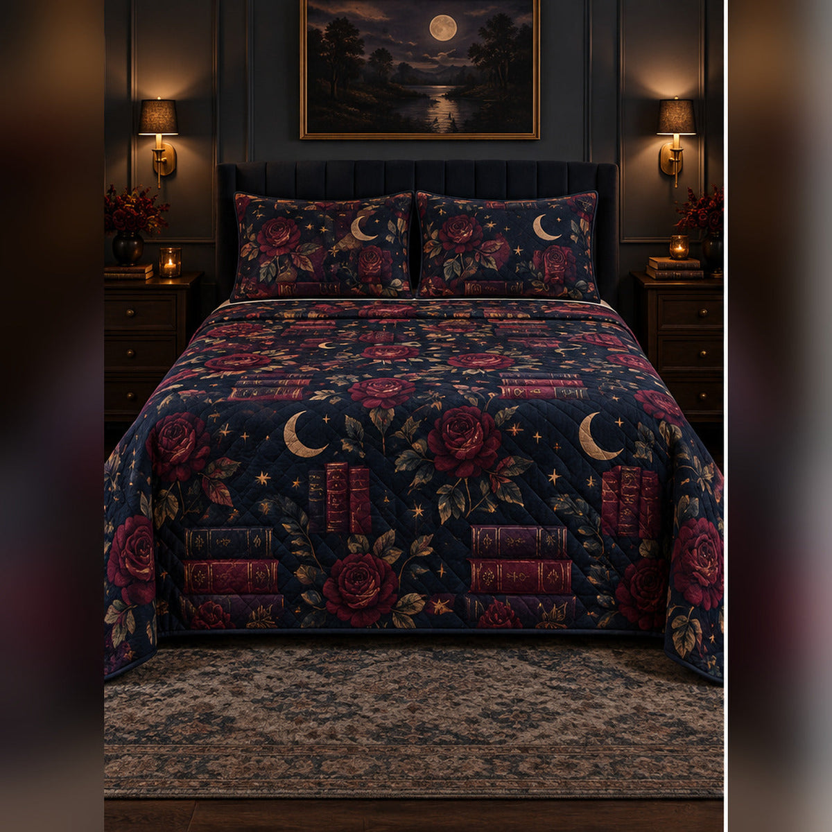 Midnight Romance Books Quilt Set, front romance reading bedroom view