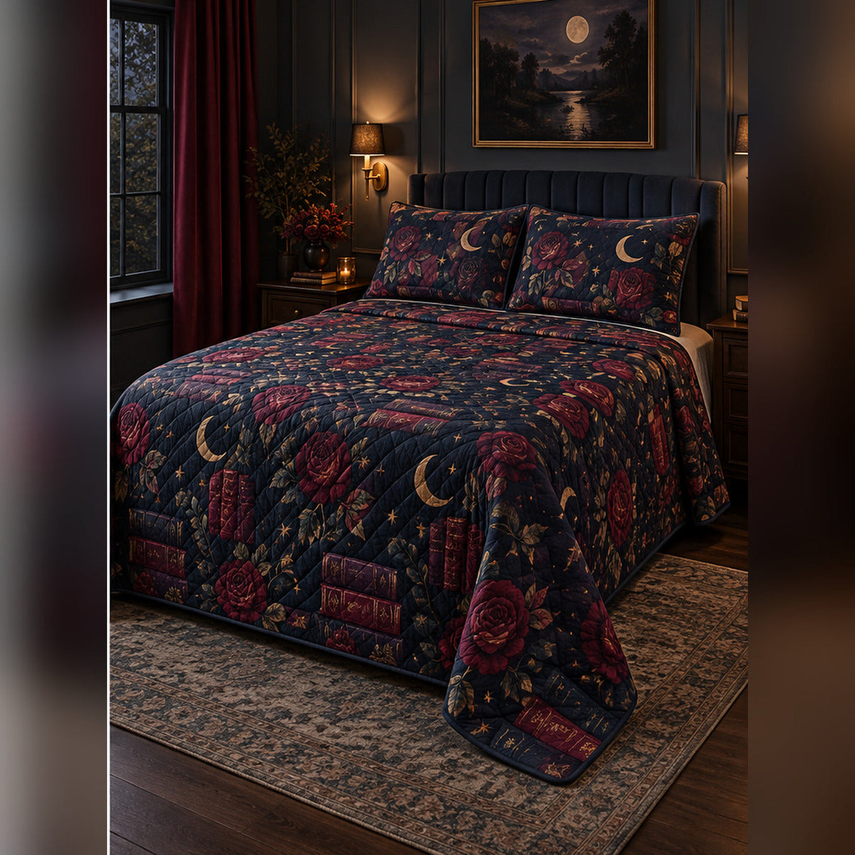 Midnight Romance Books Quilt Set, angled romance reading bedroom view