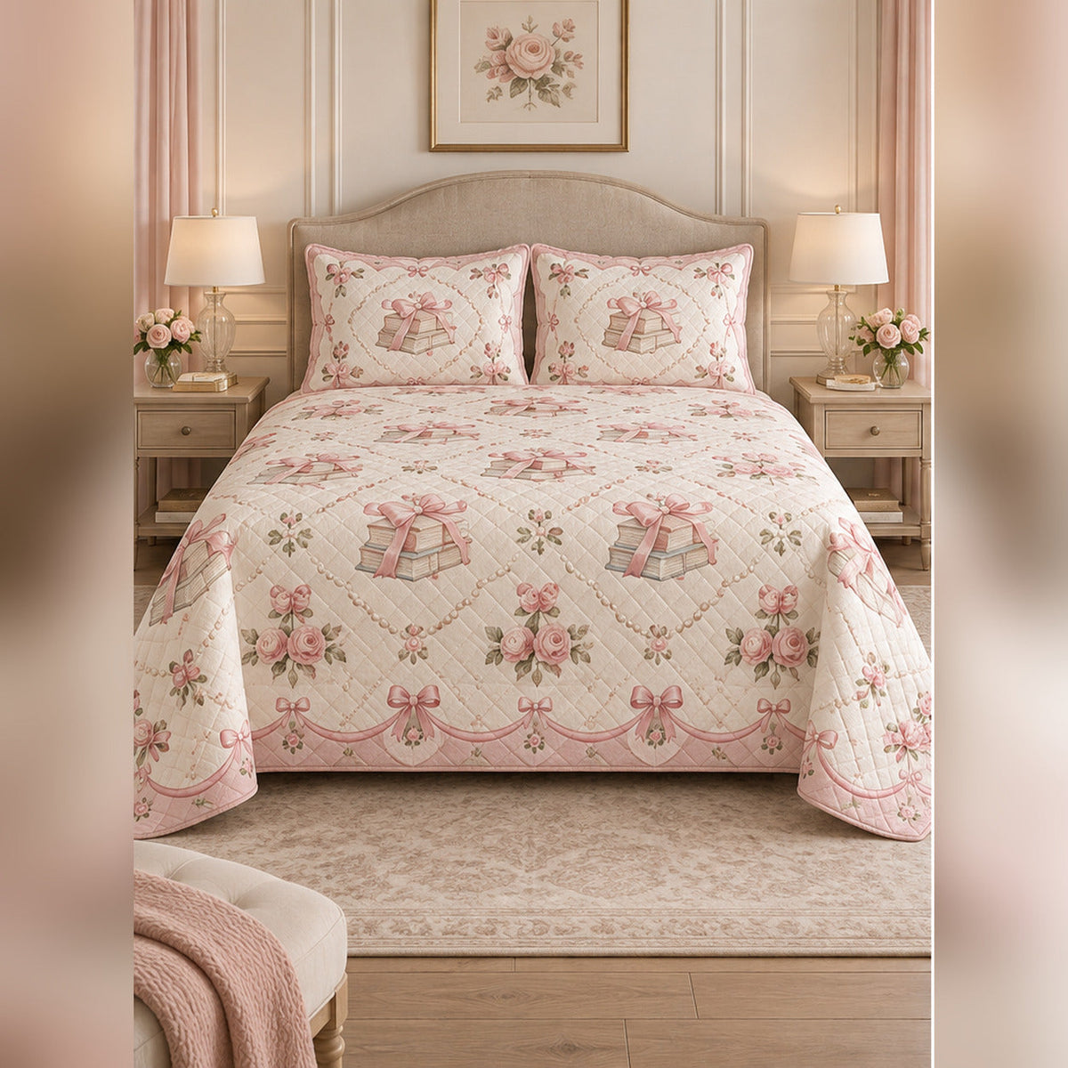 Coquette Book Bow Quilt Set, front romance reading bedroom view