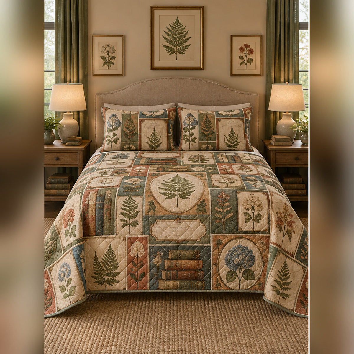 Botanical Bookplate Quilt Set, front romance reading bedroom view