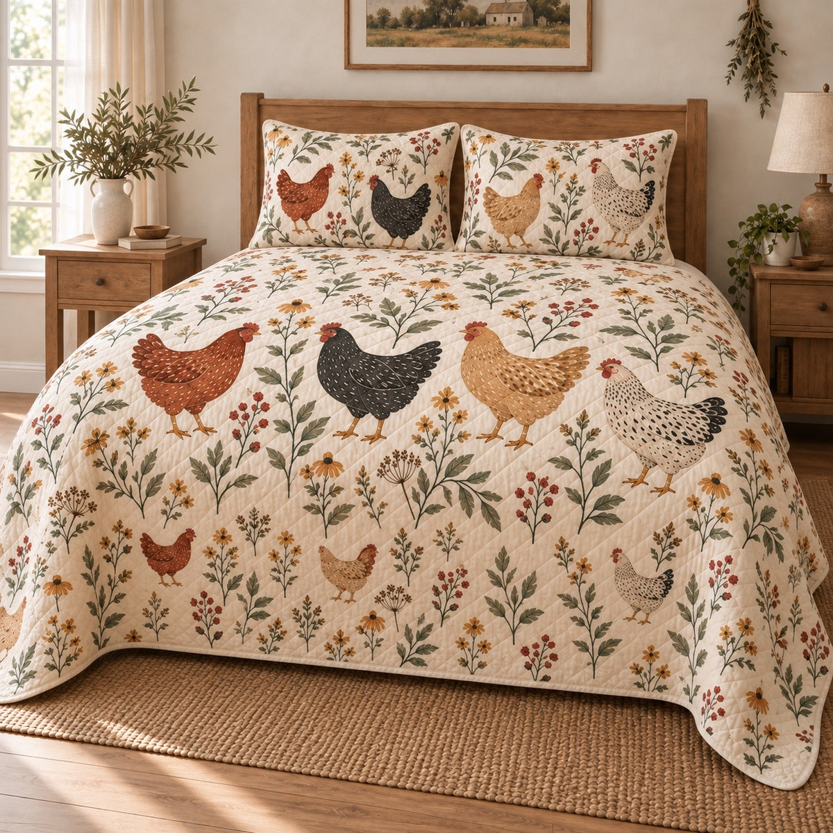 Boho Botanical Hen Farmhouse Quilt Set, angled Hen bedroom view