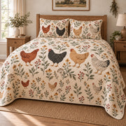 Boho Botanical Hen Farmhouse Quilt Set, angled Hen bedroom view