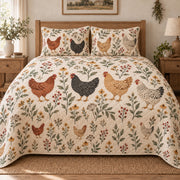 Boho Botanical Hen Farmhouse Quilt Set, front Hen bedroom view