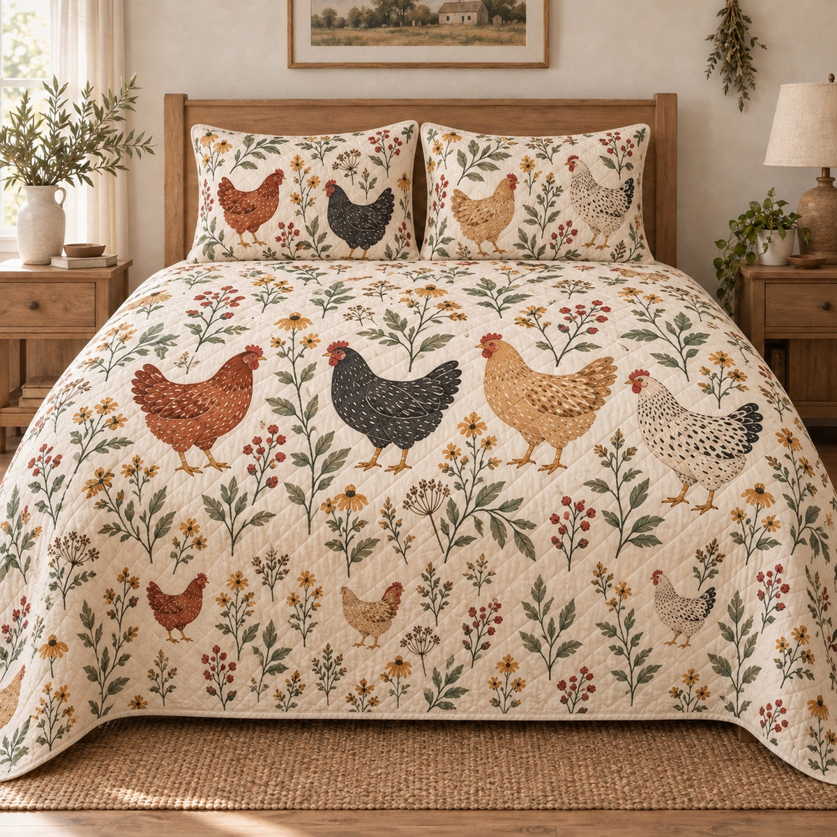 Boho Botanical Hen Farmhouse Quilt Set, front Hen bedroom view
