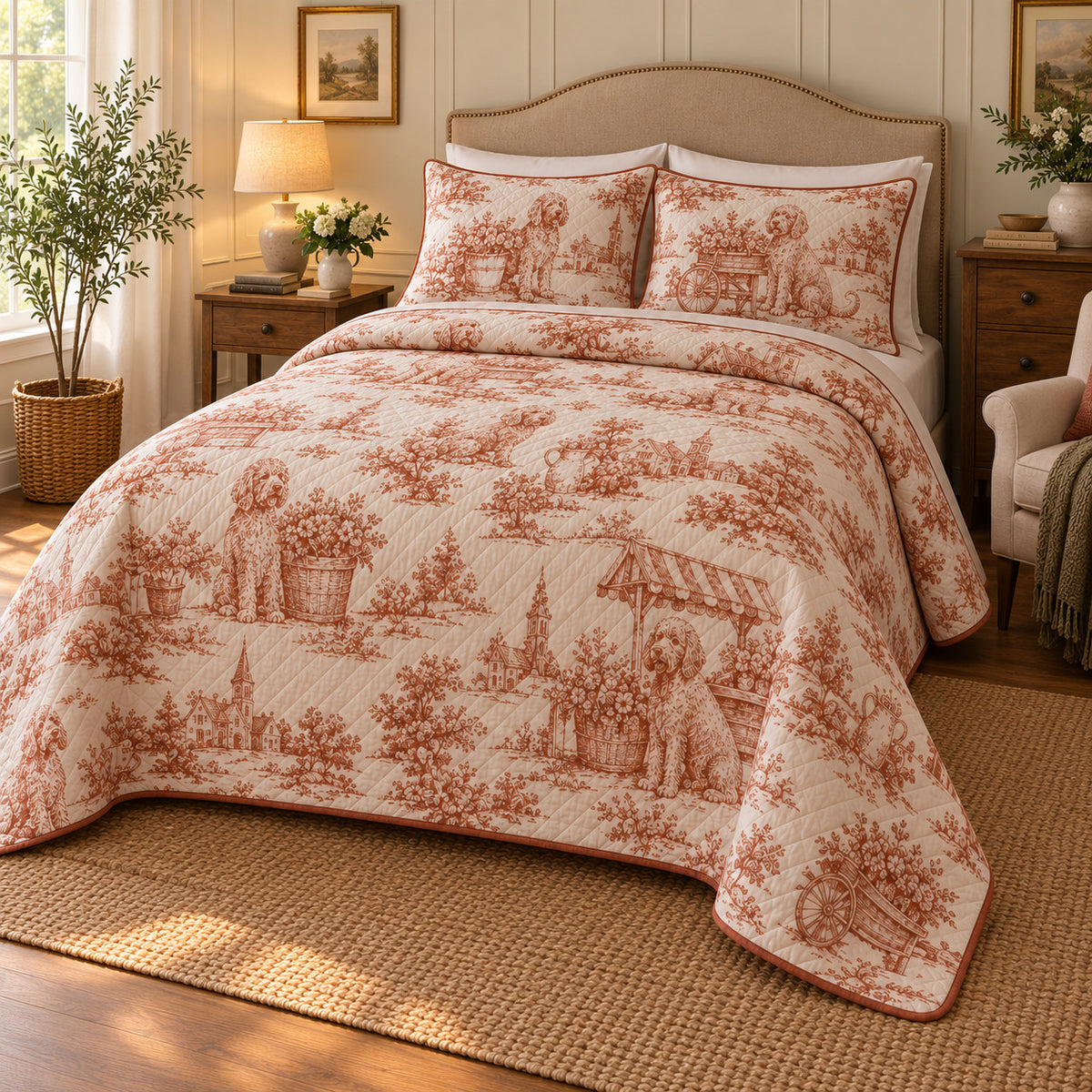 Country Market Toile Goldendoodle Country Toile Quilt Set, angled goldendoodle country toile bedroom view