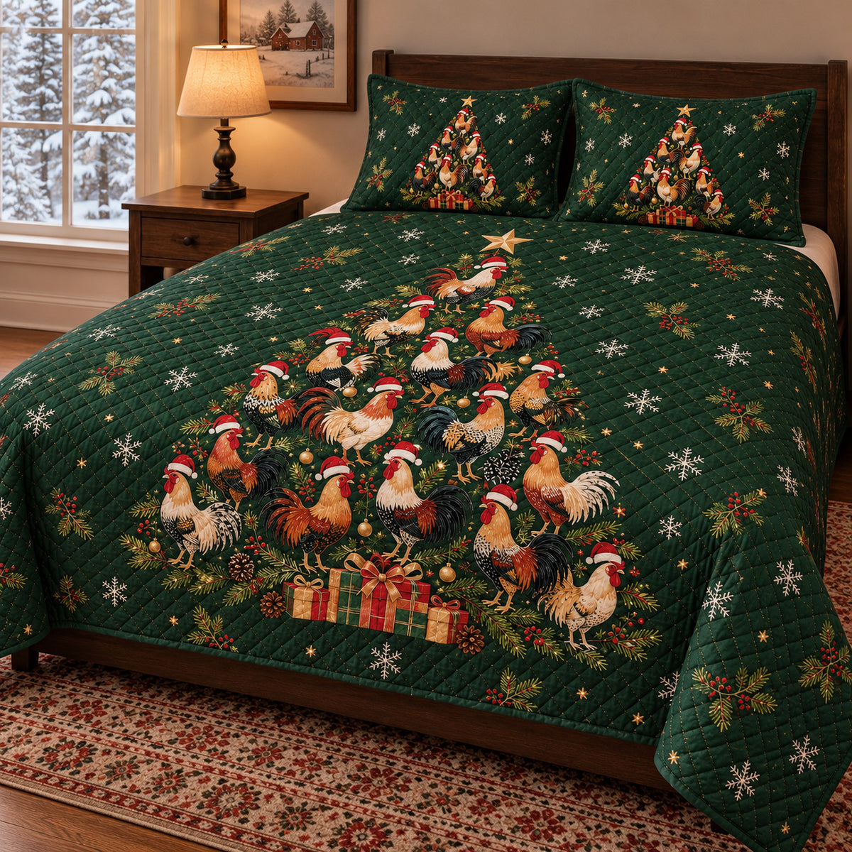 Rooster Christmas Tree Quilt Set, angled rooster bedroom view