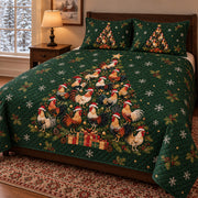 Rooster Christmas Tree Quilt Set, angled rooster bedroom view