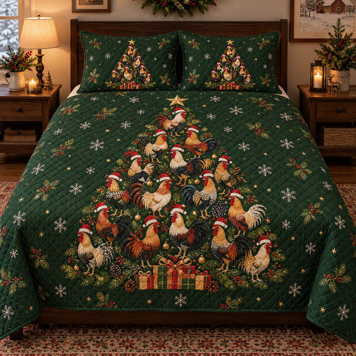 Rooster Christmas Tree Quilt Set, front rooster bedroom view