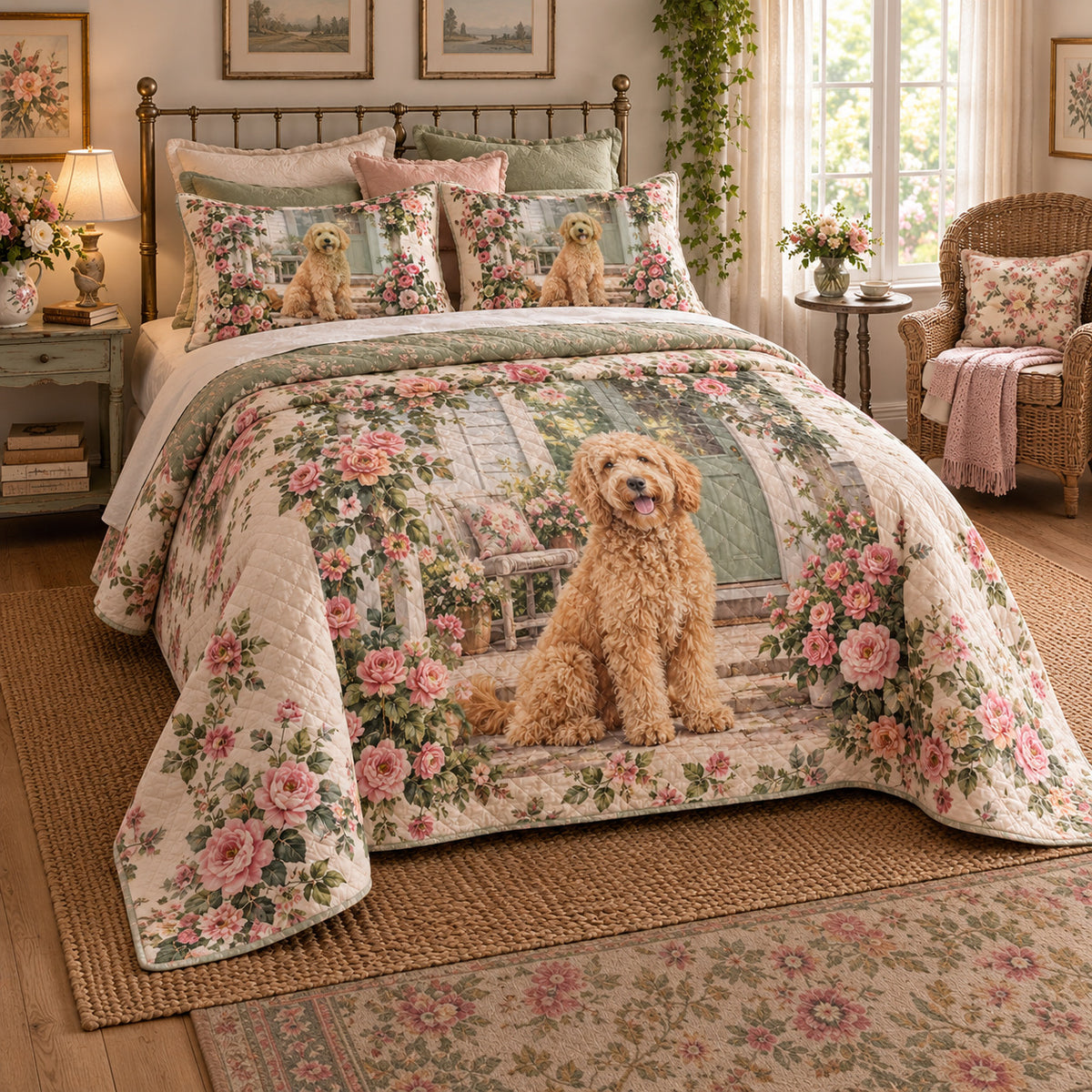 Rose Porch Doodle Goldendoodle Cottage Floral Quilt Set, angled goldendoodle cottage floral bedroom view