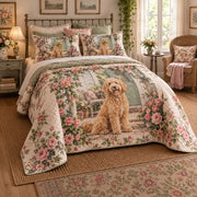Rose Porch Doodle Goldendoodle Cottage Floral Quilt Set, angled goldendoodle cottage floral bedroom view