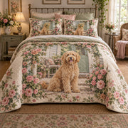 Rose Porch Doodle Goldendoodle Cottage Floral Quilt Set, front goldendoodle cottage floral bedroom view