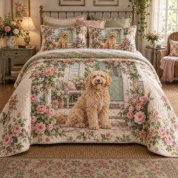 Rose Porch Doodle Goldendoodle Cottage Floral Quilt Set