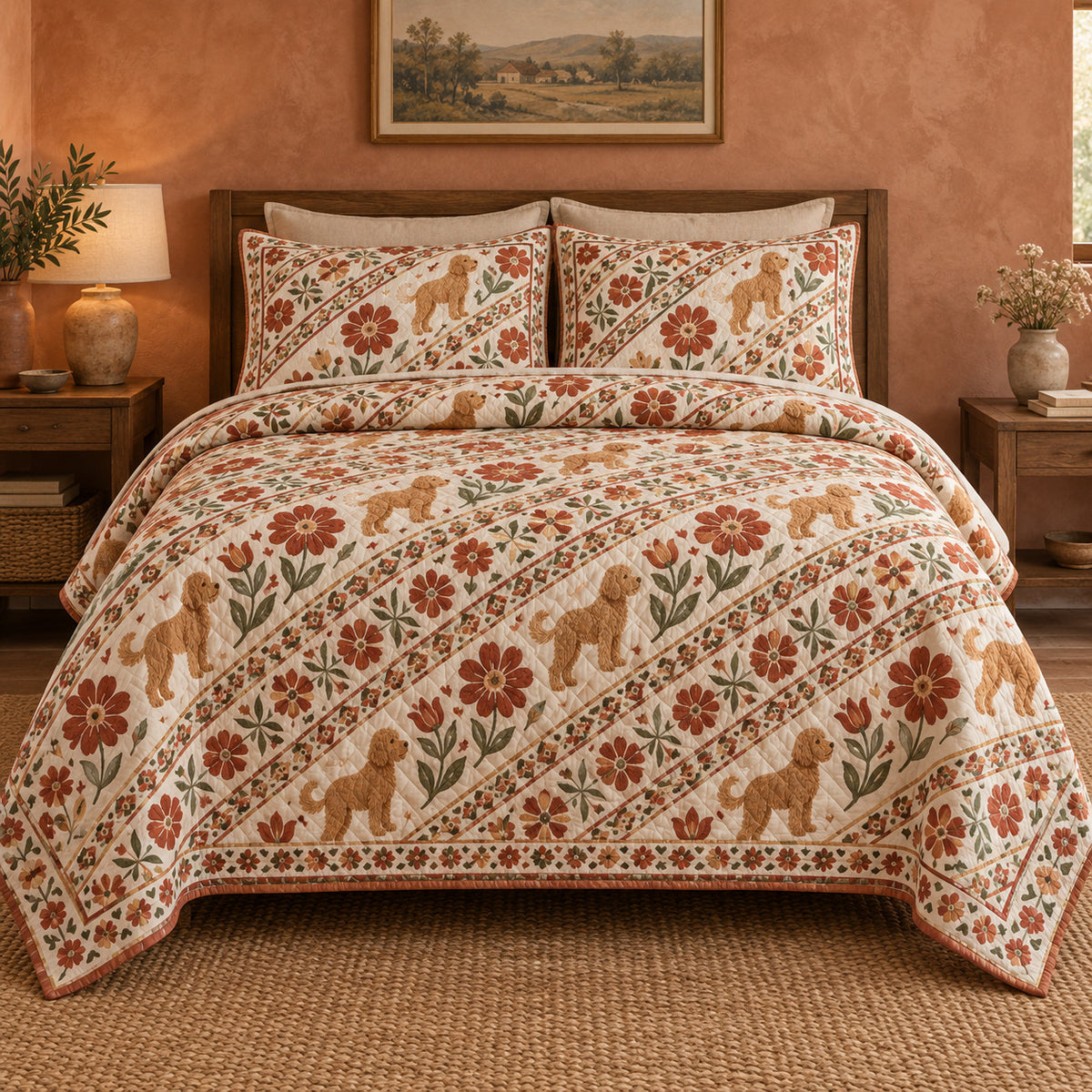 Terracotta Meadow Stripe Goldendoodle Quilt Set