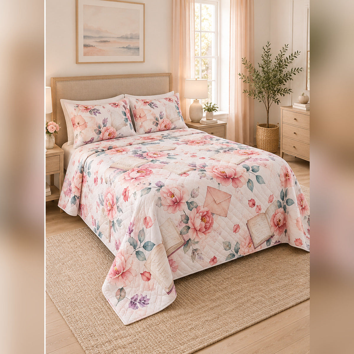 Watercolor Romance Reading Quilt Set, angled romance reading bedroom view