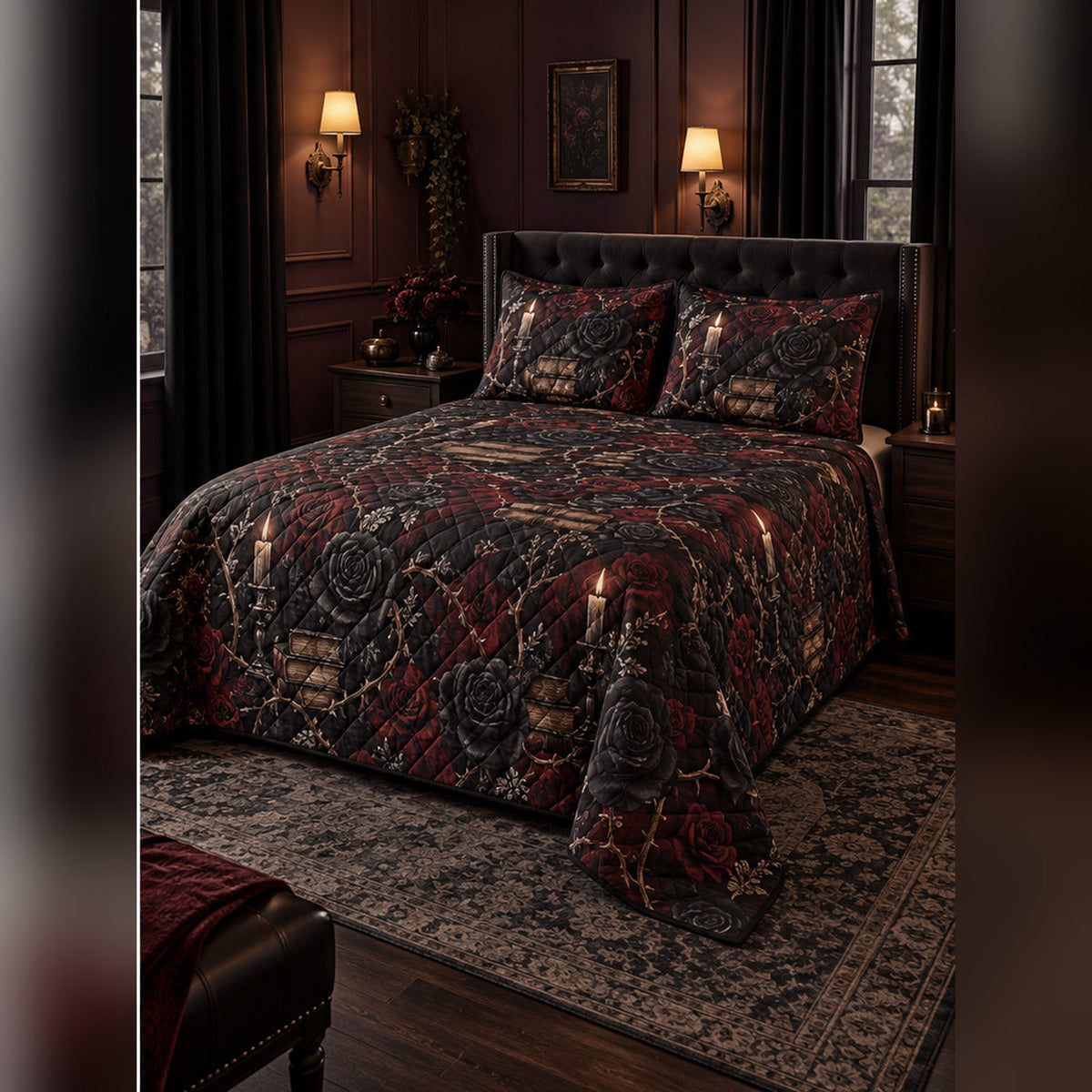 Gothic Rose Reading Quilt Set, angled romance reading bedroom view