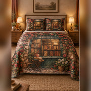 Bookshop Window Romance Quilt Set, front romance reading bedroom view