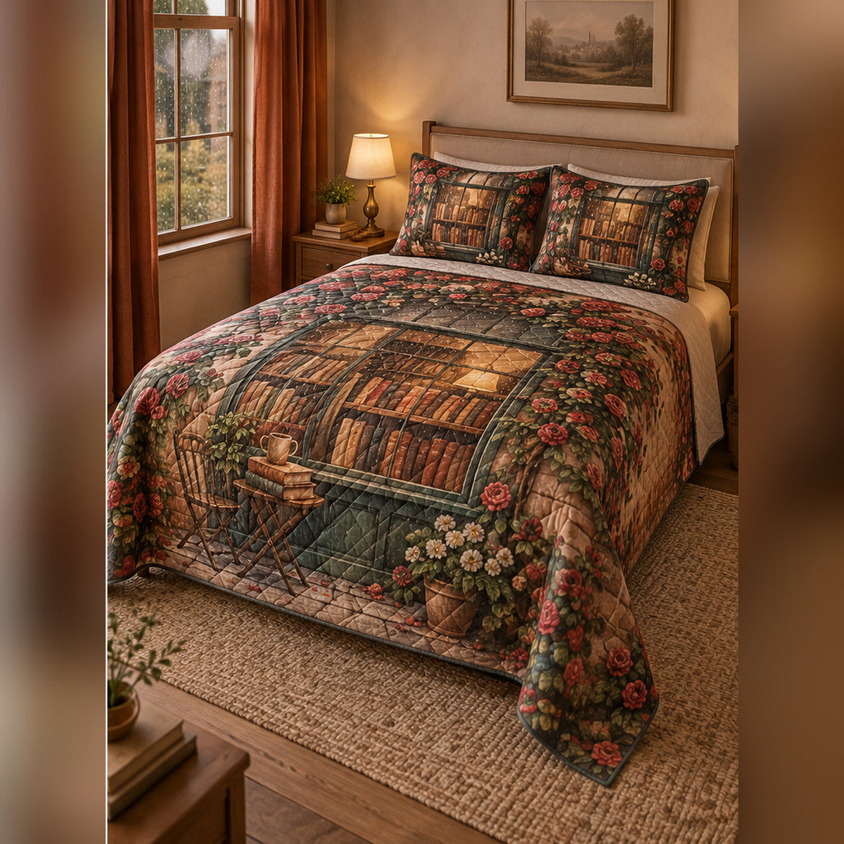 Bookshop Window Romance Quilt Set, angled romance reading bedroom view