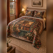 Bookshop Window Romance Quilt Set, angled romance reading bedroom view