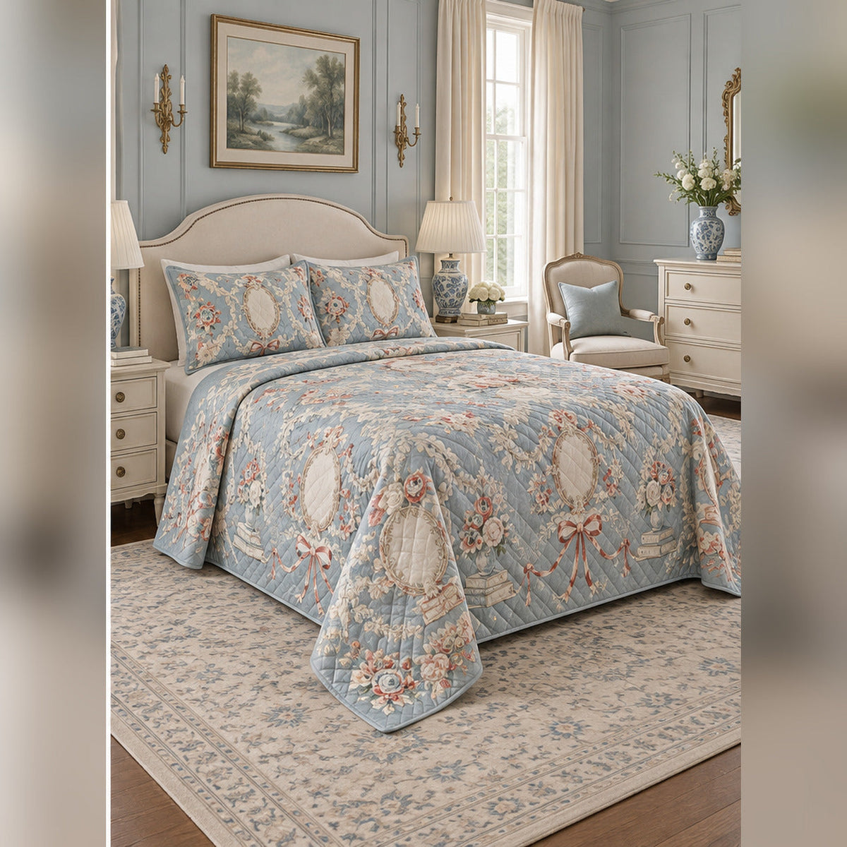 Regency Inspired Floral Reading Quilt Set, angled romance reading bedroom view