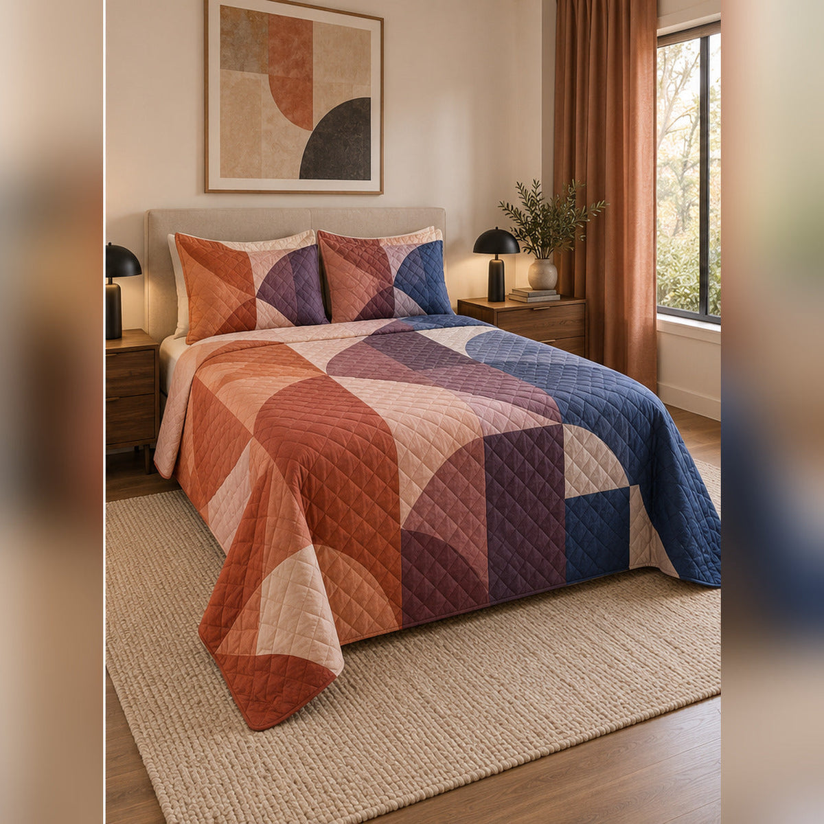 Modern Ombre Quilt Blocks Quilt Set, angled quilting bedroom view