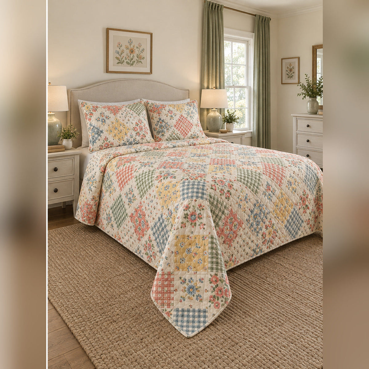 Vintage Feedsack Floral Quilt Set, angled quilting bedroom view