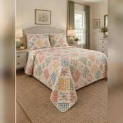Vintage Feedsack Floral Quilt Set, angled quilting bedroom view