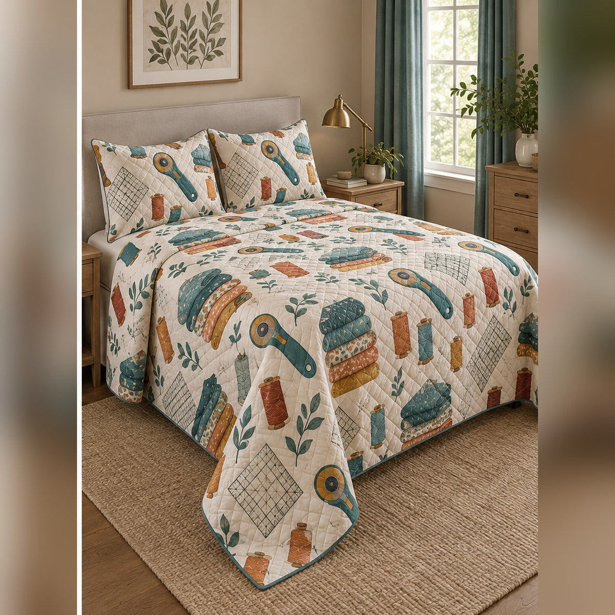 Quilting Studio Tools Quilt Set, angled quilting bedroom view