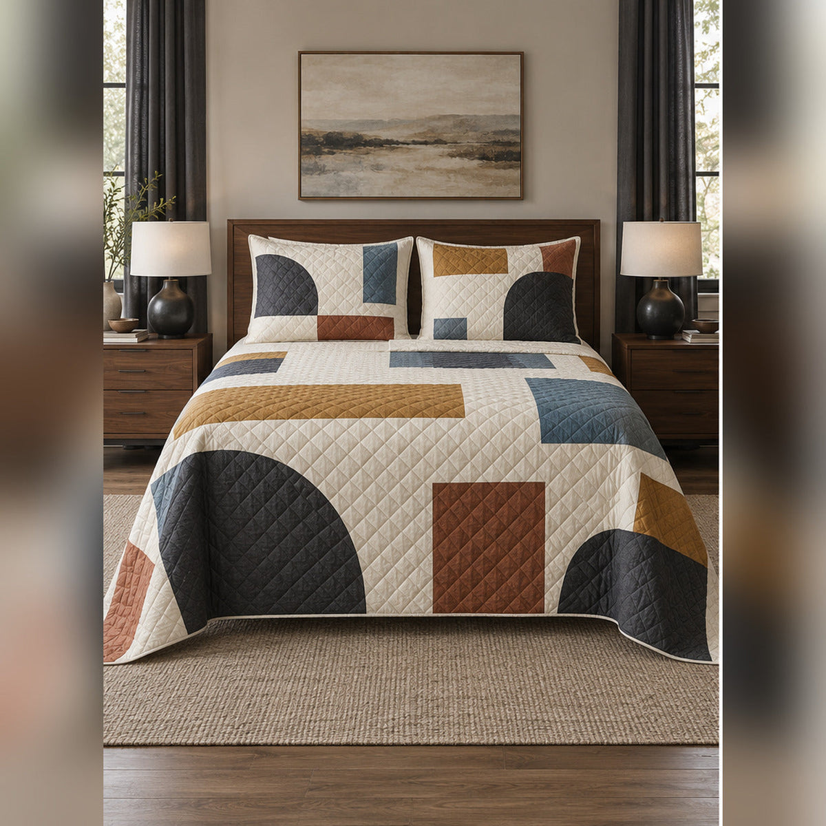 Minimalist Negative Space Blocks Quilt Set, front quilting bedroom view