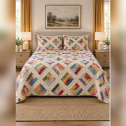 Scrap Basket Rainbow Quilt Set, front quilting bedroom view