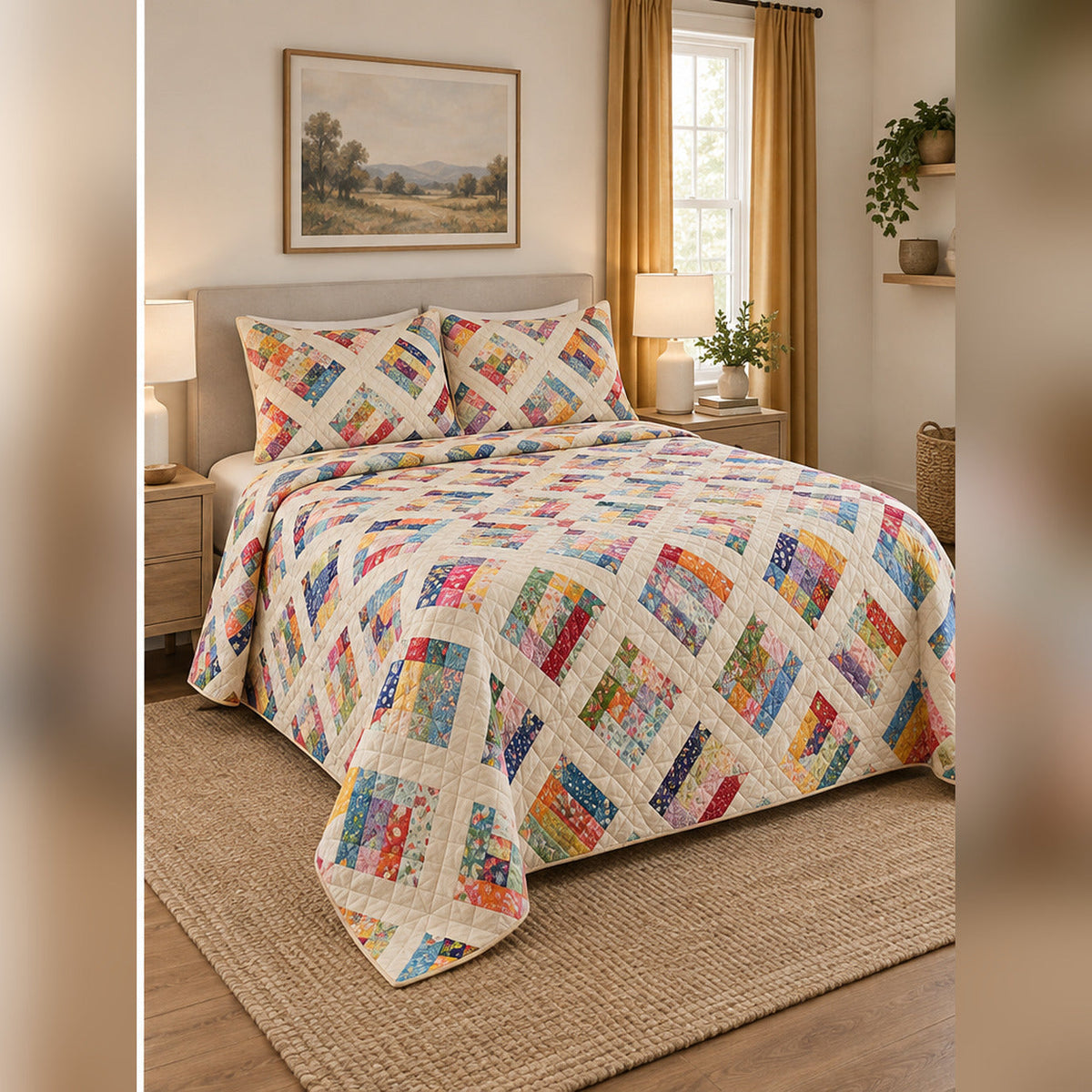 Scrap Basket Rainbow Quilt Set, angled quilting bedroom view