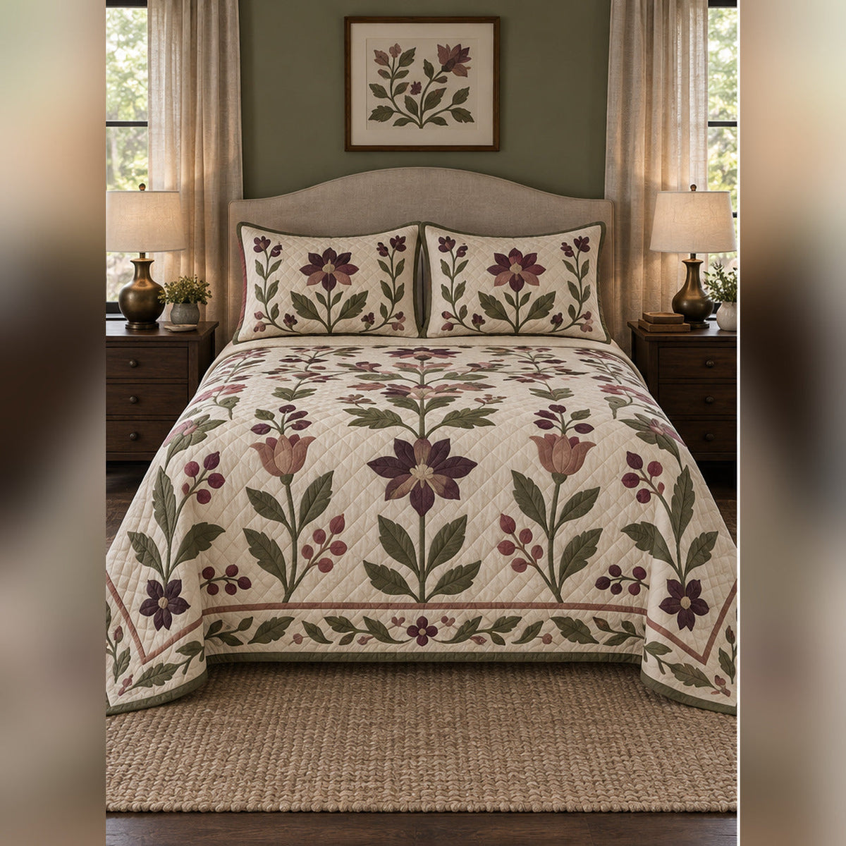 Botanical Applique Inspired Quilt Set, front quilting bedroom view