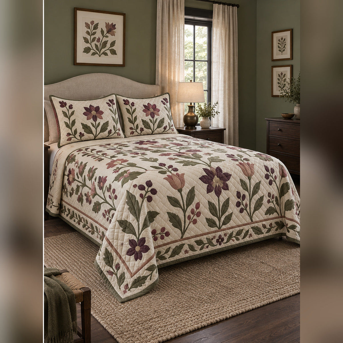 Botanical Applique Inspired Quilt Set, angled quilting bedroom view