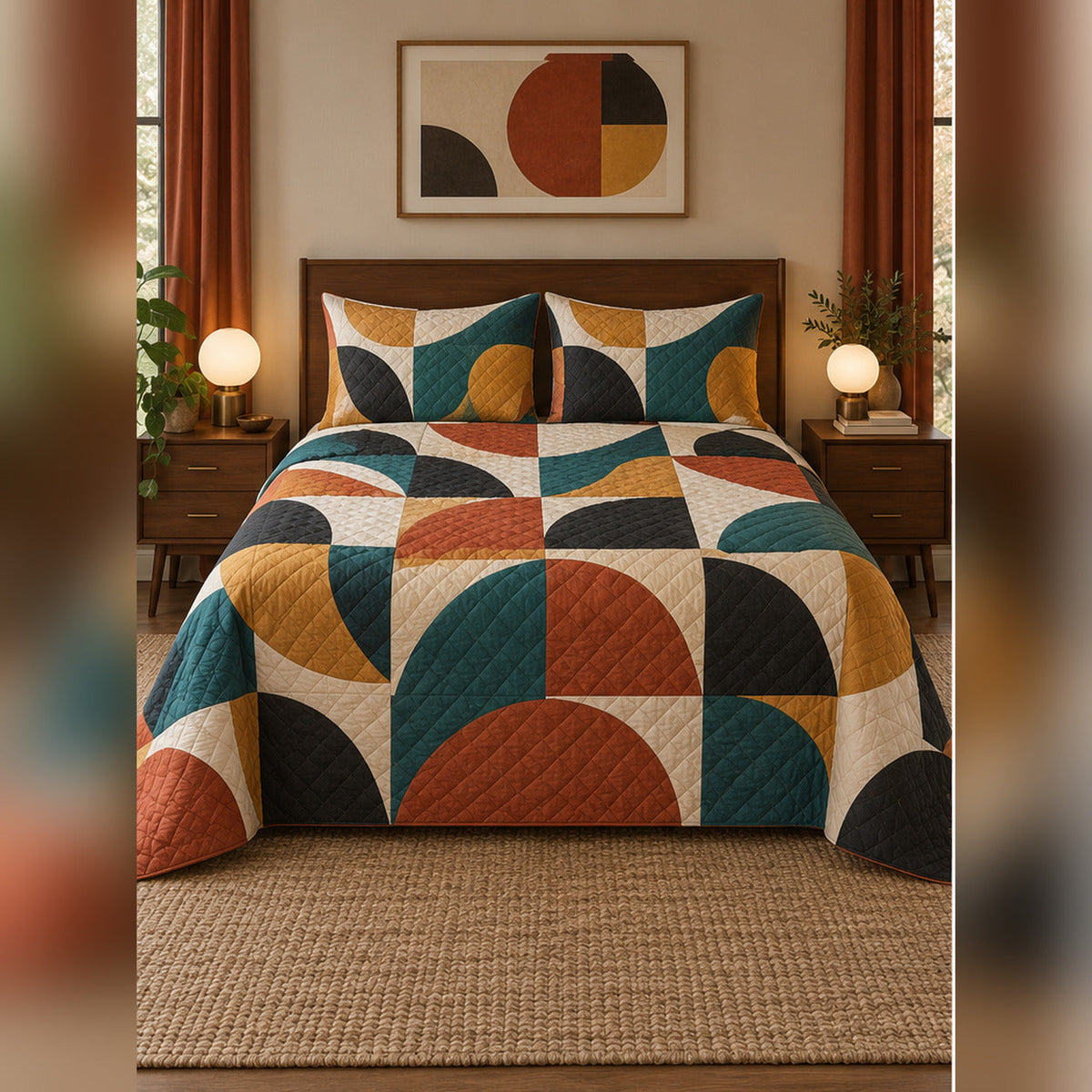 Mid Century Curved Blocks Quilt Set, front quilting bedroom view