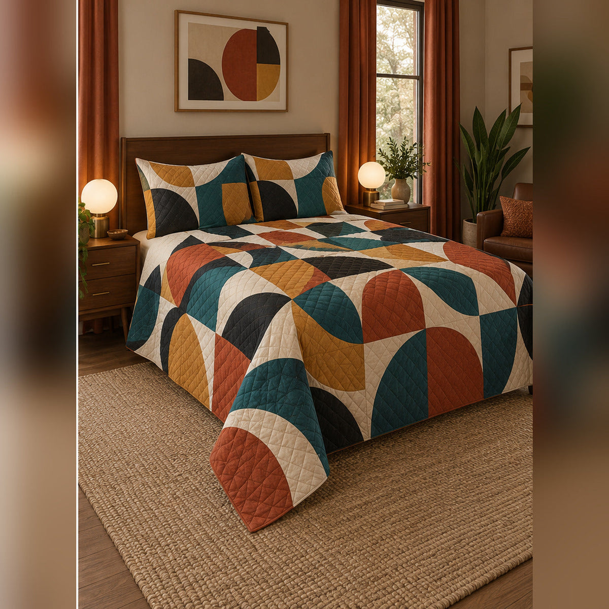 Mid Century Curved Blocks Quilt Set, angled quilting bedroom view