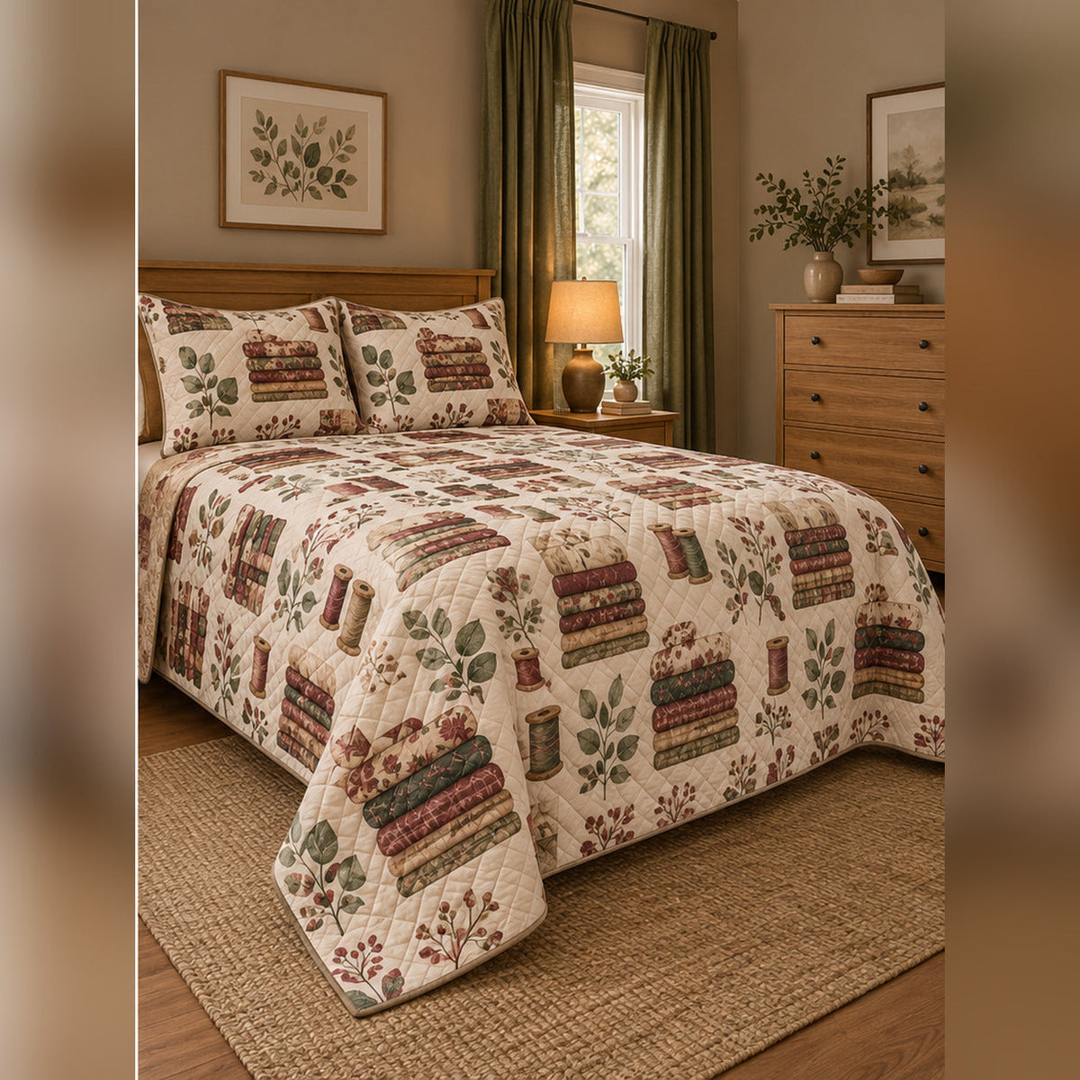 Cozy Fabric Stash Quilt Set, angled quilting bedroom view