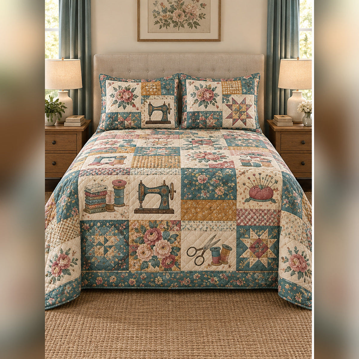 Heirloom Quilting Notions Patchwork Print Quilt Set, front quilting bedroom view
