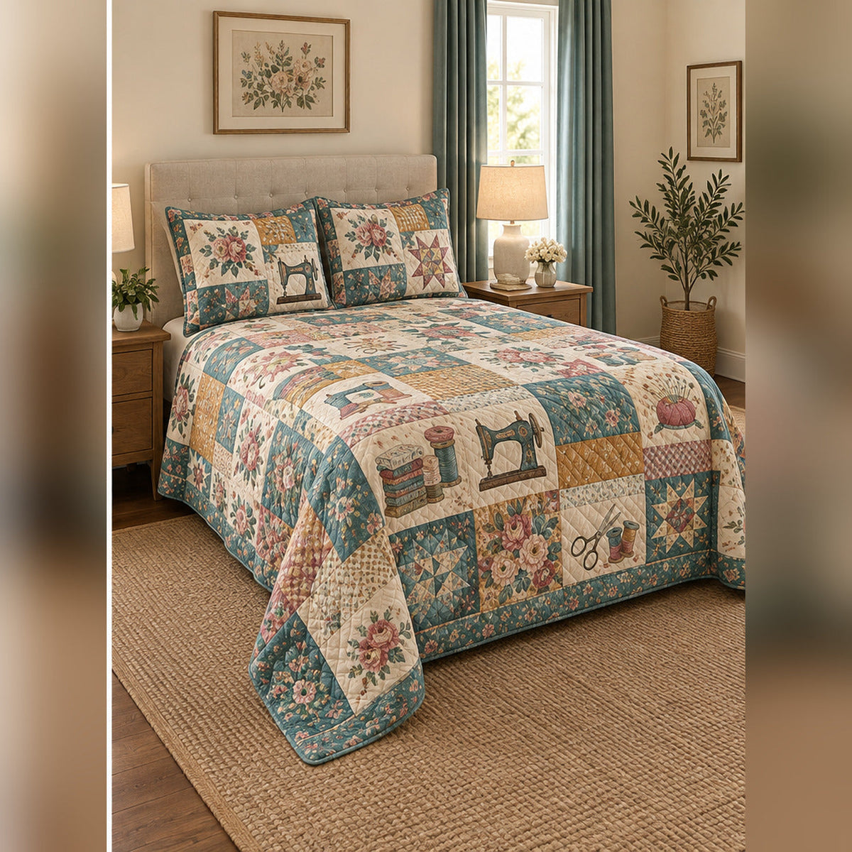 Heirloom Quilting Notions Patchwork Print Quilt Set, angled quilting bedroom view