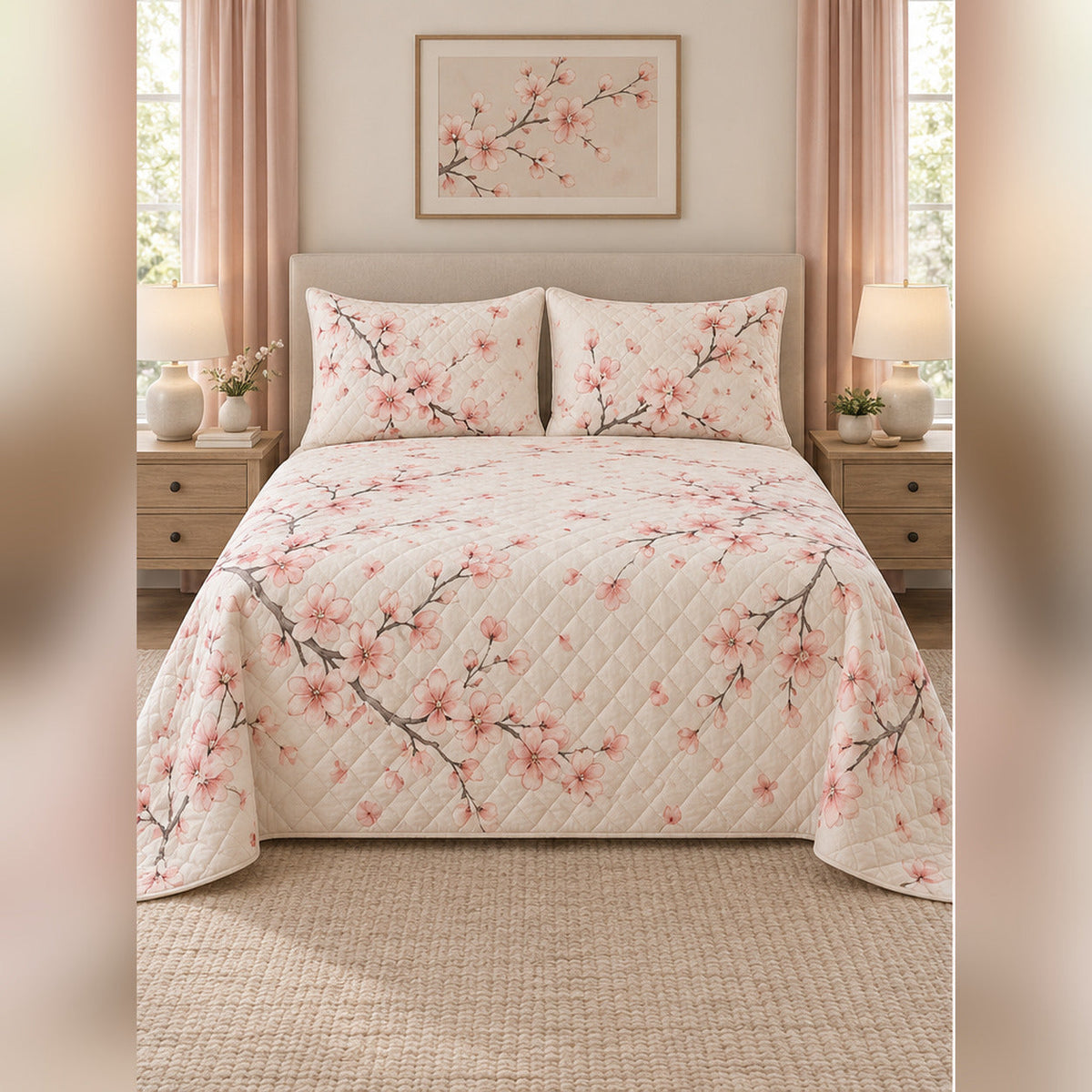 Blush Watercolor Cherry Blossom Quilt Set, front cherry blossom bedroom view