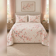 Blush Watercolor Cherry Blossom Quilt Set, front cherry blossom bedroom view