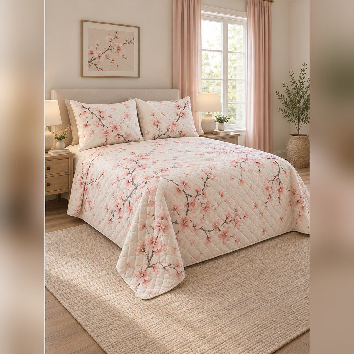 Blush Watercolor Cherry Blossom Quilt Set, angled cherry blossom bedroom view