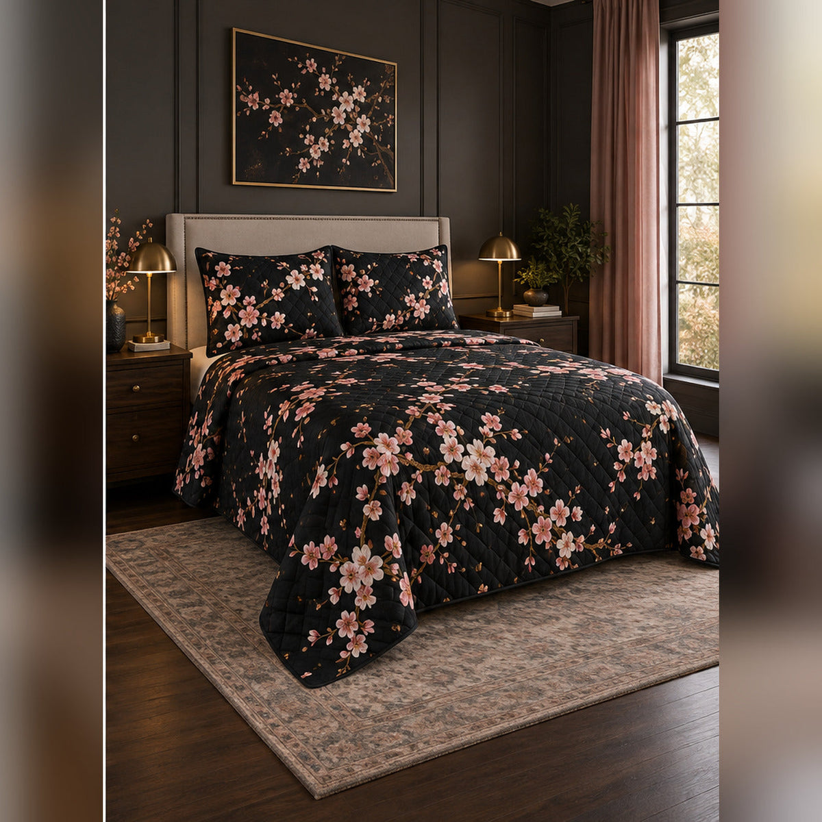 Black Cherry Blossom Garden Quilt Set, angled cherry blossom bedroom view