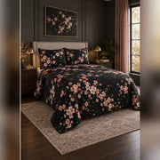 Black Cherry Blossom Garden Quilt Set, angled cherry blossom bedroom view