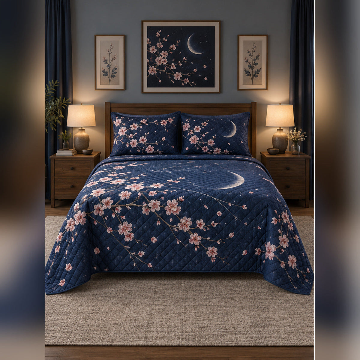 Indigo Moonlit Cherry Blossom Quilt Set, front cherry blossom bedroom view