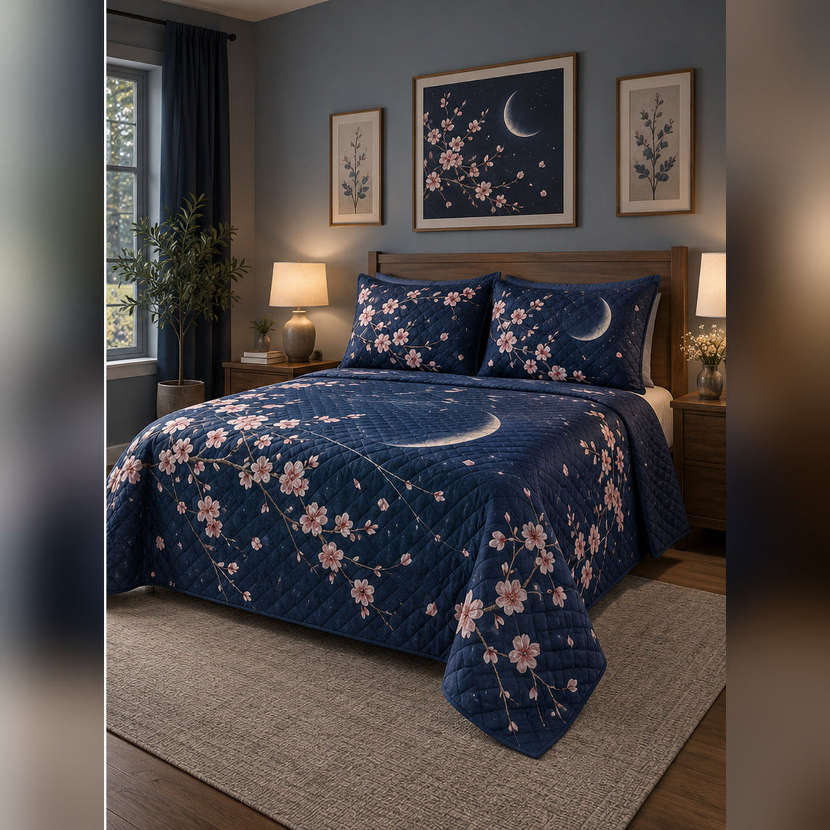 Indigo Moonlit Cherry Blossom Quilt Set, angled cherry blossom bedroom view