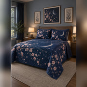 Indigo Moonlit Cherry Blossom Quilt Set, angled cherry blossom bedroom view