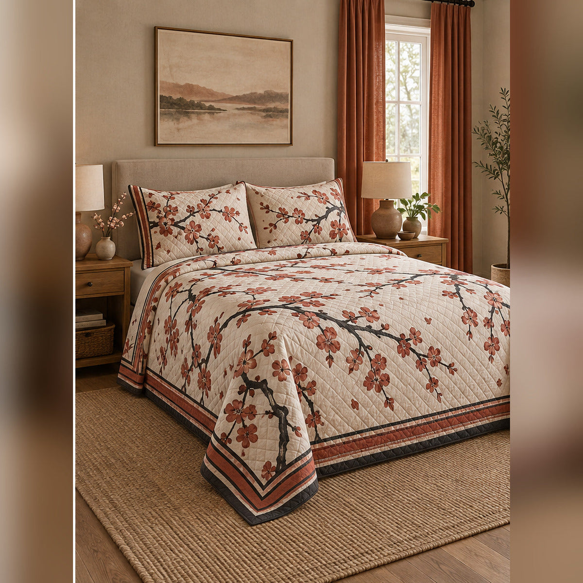 Woodblock Inspired Cherry Blossom Quilt Set, angled cherry blossom bedroom view