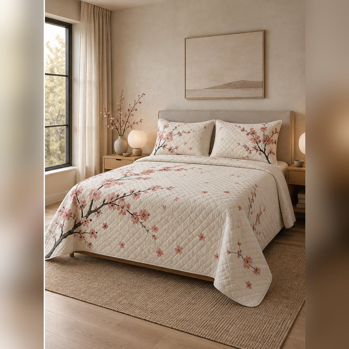 Minimal Japandi Cherry Blossom Quilt Set, angled cherry blossom bedroom view
