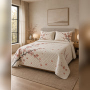 Minimal Japandi Cherry Blossom Quilt Set, angled cherry blossom bedroom view