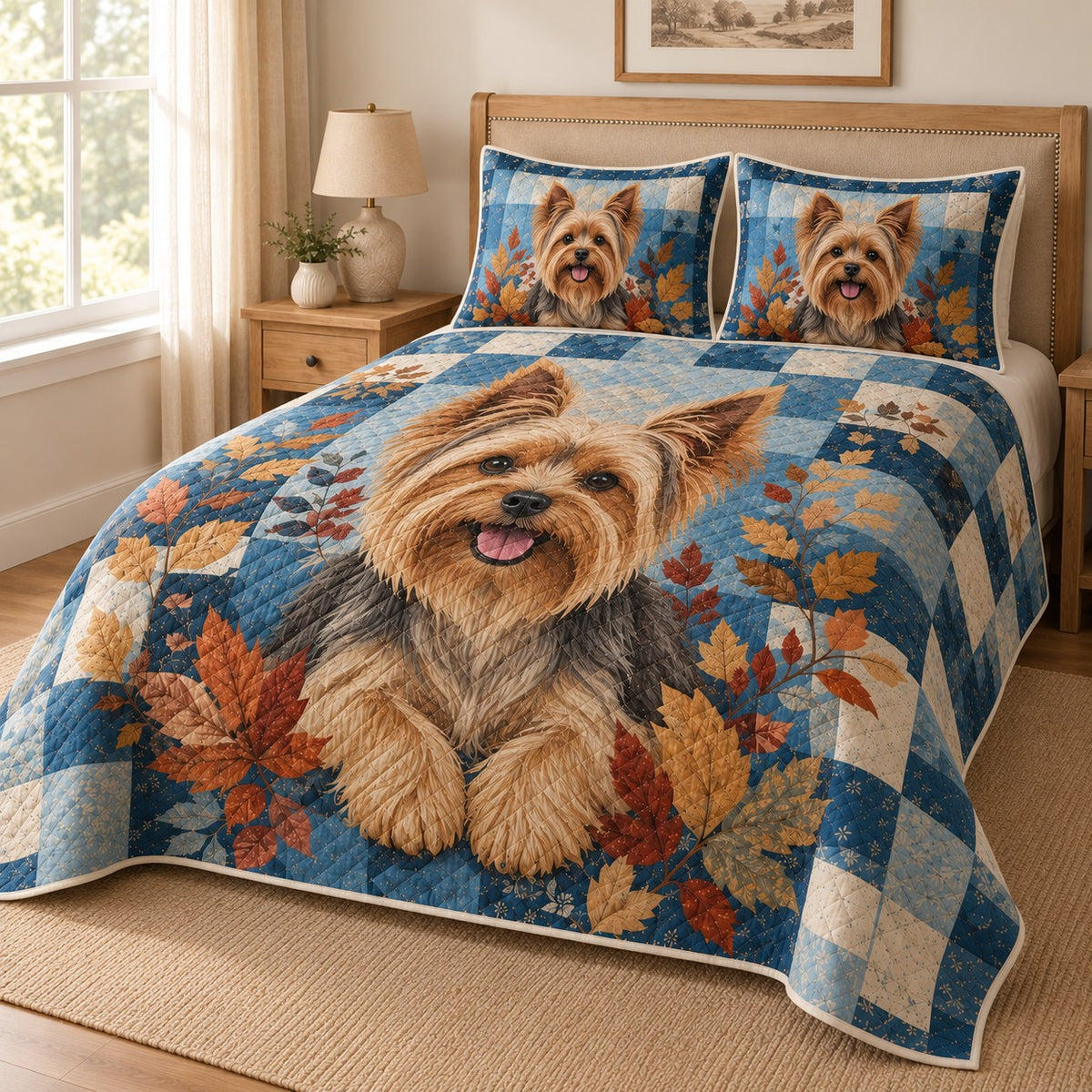 Yorkshire Terrier Autumn Patchwork Quilt Set: angled bedroom view showing the quilt artwork and coordinating shams